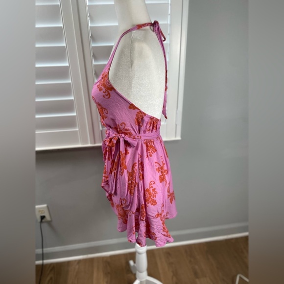 By Anthropologie Halter Neck Ruffle Wrap Mini Dress/Cover Up XXS Pink Floral - Picture 10 of 16